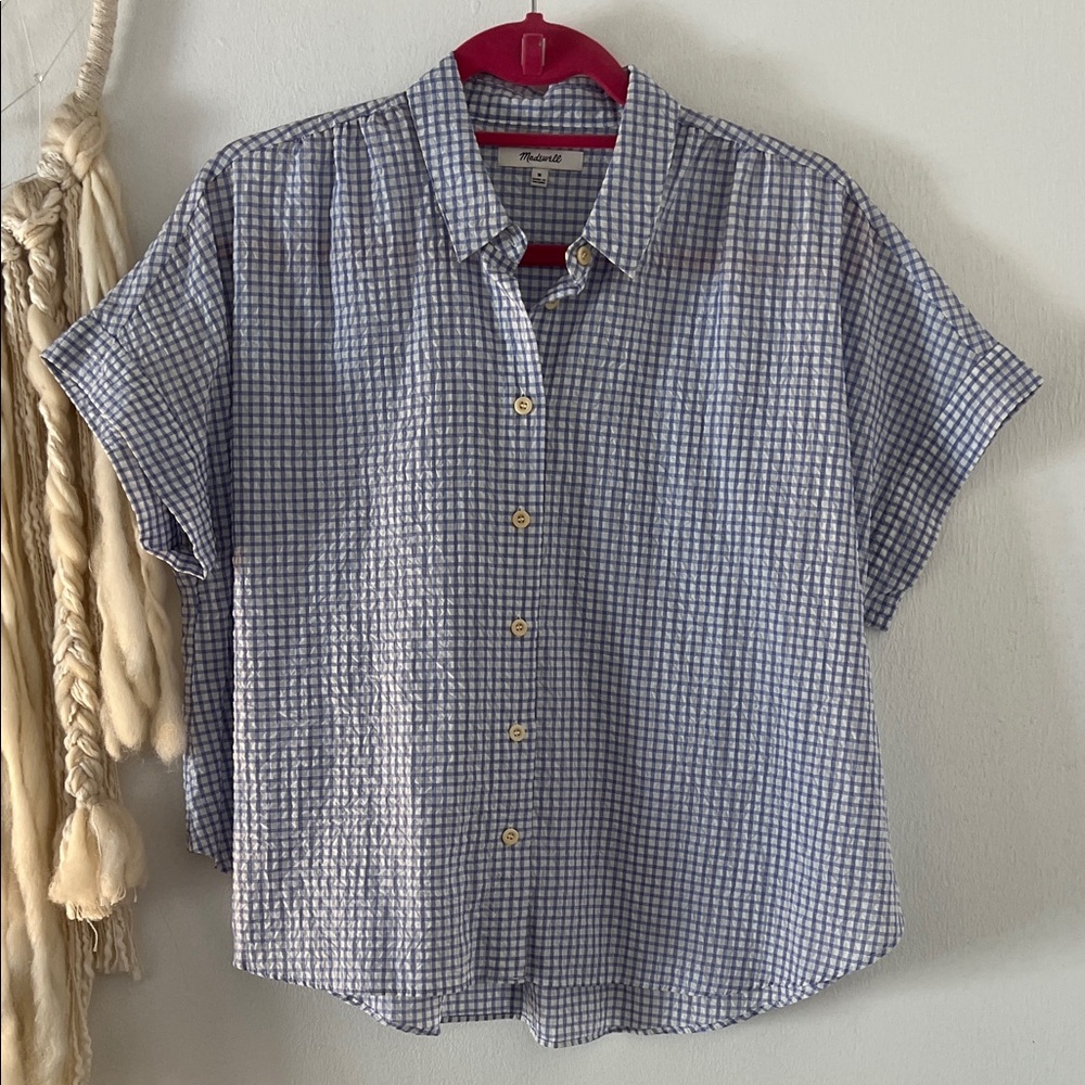 Madewell Checkered Blue and White Short Sleeve Shirt
